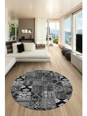 Evdeya Baskılı Kaymaz Yıkanabilir Patchwork Desen Yuvarlak Mutfak Salon Halısı, Y-Patchwork-06-Gri,