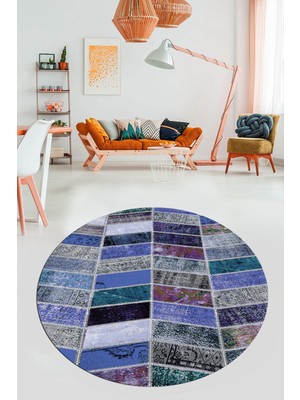 Evdeya Baskılı Kaymaz Yıkanabilir Patchwork Desen Yuvarlak Mutfak Salon Halısı, Y-Patchwork-10-Mavi,