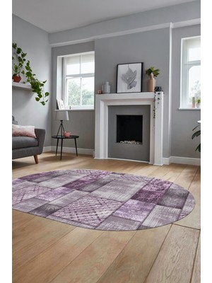 Evdeya Baskılı Kaymaz Taban Yıkanabilir Patchwork Desen Oval Yolluk Salon Halısı, O-Patchwork-18-Mor,