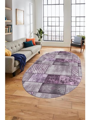 Evdeya Baskılı Kaymaz Taban Yıkanabilir Patchwork Desen Oval Yolluk Salon Halısı, O-Patchwork-18-Mor,