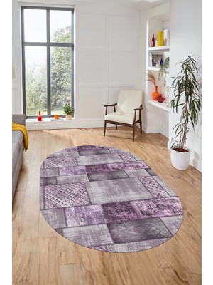 Evdeya Baskılı Kaymaz Taban Yıkanabilir Patchwork Desen Oval Yolluk Salon Halısı, O-Patchwork-18-Mor,