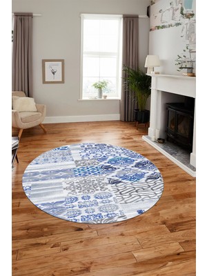 Evdeya Baskılı Kaymaz Yıkanabilir Patchwork Desen Yuvarlak Mutfak Salon Halısı, Y-Patchwork-02-Mavi,