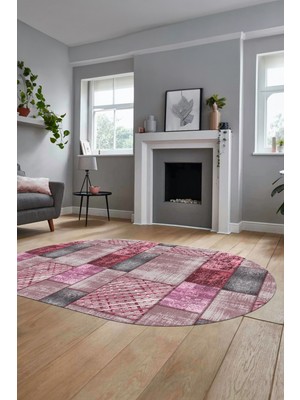 Evdeya Baskılı Kaymaz Taban Yıkanabilir Patchwork Desen Oval Yolluk Salon Halısı, O-Patchwork-18-Pembe,