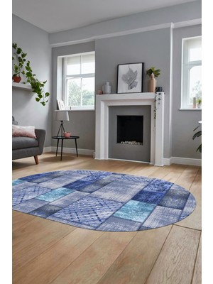 Evdeya Baskılı Kaymaz Taban Yıkanabilir Patchwork Desen Oval Yolluk Salon Halısı, O-Patchwork-18-Mavi,