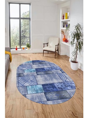 Evdeya Baskılı Kaymaz Taban Yıkanabilir Patchwork Desen Oval Yolluk Salon Halısı, O-Patchwork-18-Mavi,