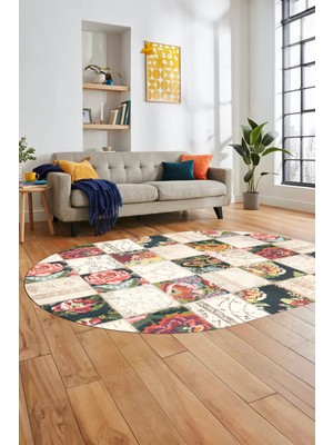 Evdeya Baskılı Kaymaz Taban Yıkanabilir Patchwork Desen Oval Yolluk Salon Halısı, O-Patchwork-19-Renkli,