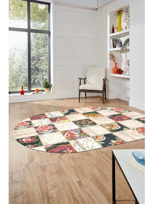 Evdeya Baskılı Kaymaz Taban Yıkanabilir Patchwork Desen Oval Yolluk Salon Halısı, O-Patchwork-19-Renkli,