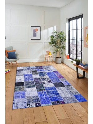 Evdeya Dijital Kaymaz Taban Yıkanabilir Patchwork Desen Yolluk Mutfak Salon Halısı, Patchwork-03-Mavi,
