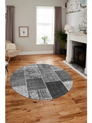 Evdeya Baskılı Kaymaz Yıkanabilir Patchwork Desen Yuvarlak Mutfak Salon Halısı, Y-Patchwork-01-Gri,