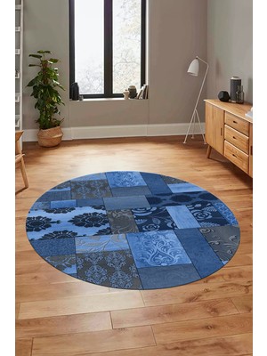 Evdeya Baskılı Kaymaz Yıkanabilir Patchwork Desen Yuvarlak Mutfak Salon Halısı, Y-Patchwork-16-Mavi,