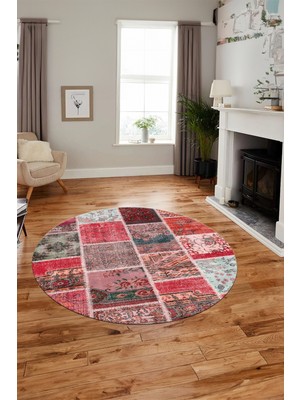 Evdeya Baskılı Kaymaz Yıkanabilir Patchwork Desen Yuvarlak Mutfak Salon Halısı, Y-Patchwork-04-Kırmızı,