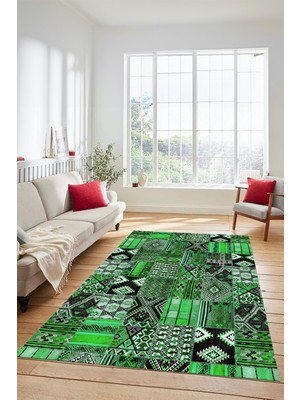 Evdeya Dijital Kaymaz Taban Yıkanabilir Patchwork Desen Yolluk Mutfak Salon Halısı, Patchwork-06-Yeşil,