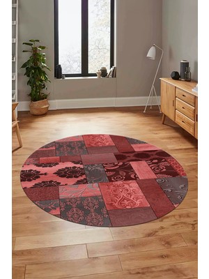 Evdeya Baskılı Kaymaz Yıkanabilir Patchwork Desen Yuvarlak Mutfak Salon Halısı, Y-Patchwork-16-Kırmızı,