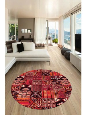 Evdeya Baskılı Kaymaz Yıkanabilir Patchwork Desen Yuvarlak Mutfak Salon Halısı, Y-Patchwork-06-Kırmızı,
