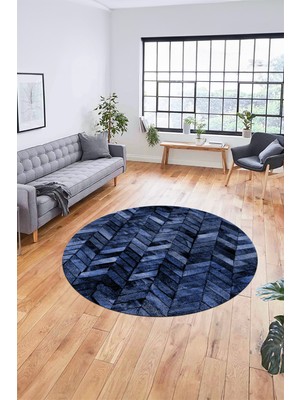 Evdeya Baskılı Kaymaz Yıkanabilir Patchwork Desen Yuvarlak Mutfak Salon Halısı, Y-Patchwork-13-Mavi,