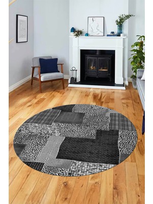 Evdeya Baskılı Kaymaz Yıkanabilir Patchwork Desen Yuvarlak Mutfak Salon Halısı, Y-Patchwork-15-Gri,