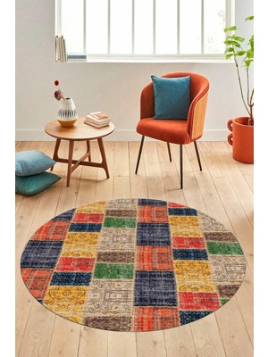 Evdeya Baskılı Kaymaz Yıkanabilir Patchwork Desen Yuvarlak Mutfak Salon Halısı, Y-Patchwork-07-Renkli,