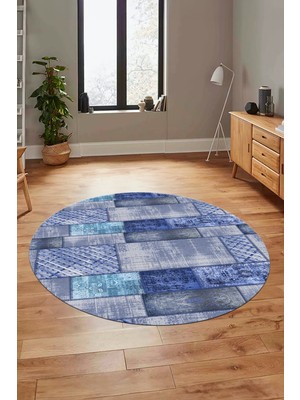 Evdeya Baskılı Kaymaz Yıkanabilir Patchwork Desen Yuvarlak Mutfak Salon Halısı, Y-Patchwork-18-Mavi,