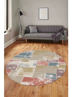 Evdeya Baskılı Kaymaz Yıkanabilir Patchwork Desen Yuvarlak Mutfak Salon Halısı, Y-Patchwork-20-Renkli,