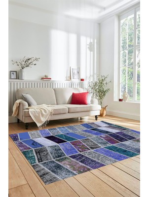 Evdeya Dijital Kaymaz Taban Yıkanabilir Patchwork Desen Yolluk Mutfak Salon Halısı, Patchwork-10-Mavi,