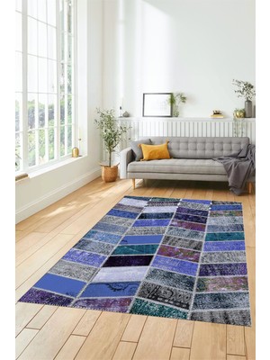 Evdeya Dijital Kaymaz Taban Yıkanabilir Patchwork Desen Yolluk Mutfak Salon Halısı, Patchwork-10-Mavi,