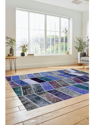 Evdeya Dijital Kaymaz Taban Yıkanabilir Patchwork Desen Yolluk Mutfak Salon Halısı, Patchwork-10-Mavi,