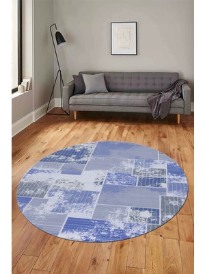 Evdeya Baskılı Kaymaz Yıkanabilir Patchwork Desen Yuvarlak Mutfak Salon Halısı, Y-Patchwork-20-Mavi,