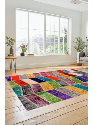 Evdeya Dijital Kaymaz Taban Yıkanabilir Patchwork Desen Yolluk Mutfak Salon Halısı, Patchwork-10-Renkli,