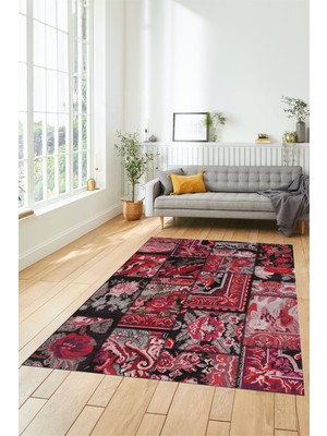 Evdeya Dijital Kaymaz Taban Yıkanabilir Patchwork Desen Yolluk Mutfak Salon Halısı, Patchwork-12-Kırmızı,