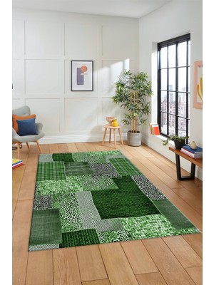 Evdeya Dijital Kaymaz Taban Yıkanabilir Patchwork Desen Yolluk Mutfak Salon Halısı, Patchwork-15-Yeşil,