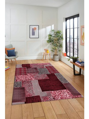 Evdeya Dijital Kaymaz Taban Yıkanabilir Patchwork Desen Yolluk Mutfak Salon Halısı, Patchwork-15-Kırmızı,