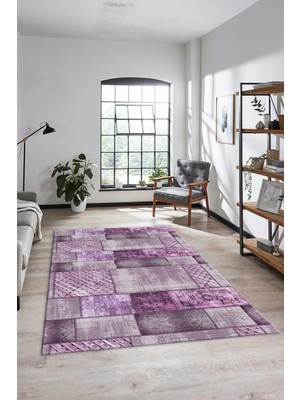 Evdeya Dijital Kaymaz Taban Yıkanabilir Patchwork Desen Yolluk Mutfak Salon Halısı, Patchwork-18-Mor,