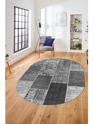 Evdeya Baskılı Kaymaz Taban Yıkanabilir Patchwork Desen Oval Yolluk Salon Halısı, O-Patchwork-01-Gri,