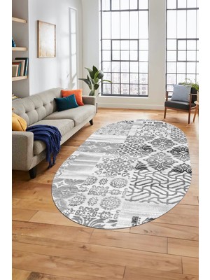 Evdeya Baskılı Kaymaz Taban Yıkanabilir Patchwork Desen Oval Yolluk Salon Halısı, O-Patchwork-02-Gri,