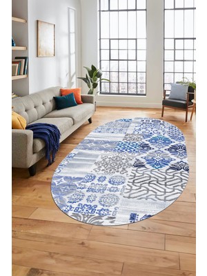 Evdeya Baskılı Kaymaz Taban Yıkanabilir Patchwork Desen Oval Yolluk Salon Halısı, O-Patchwork-02-Mavi,