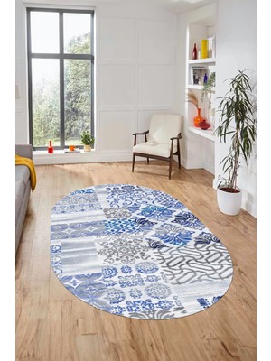 Evdeya Baskılı Kaymaz Taban Yıkanabilir Patchwork Desen Oval Yolluk Salon Halısı, O-Patchwork-02-Mavi,