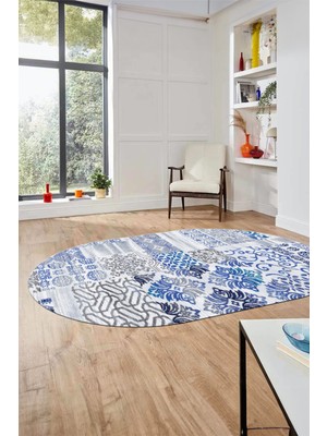 Evdeya Baskılı Kaymaz Taban Yıkanabilir Patchwork Desen Oval Yolluk Salon Halısı, O-Patchwork-02-Mavi,