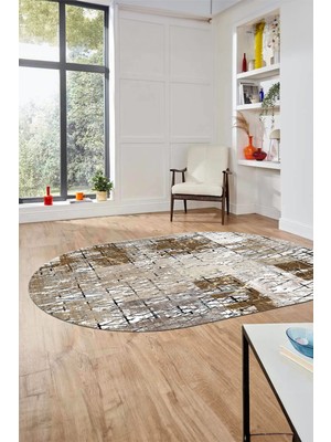 Evdeya Baskılı Kaymaz Taban Yıkanabilir Patchwork Desen Oval Yolluk Salon Halısı, O-Patchwork-05-Kahve,