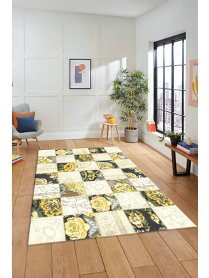 Evdeya Dijital Kaymaz Taban Yıkanabilir Patchwork Desen Yolluk Mutfak Salon Halısı, Patchwork-19-Sarı,