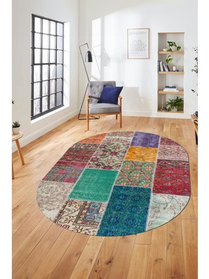 Evdeya Baskılı Kaymaz Taban Yıkanabilir Patchwork Desen Oval Yolluk Salon Halısı, O-Patchwork-01-Renkli,