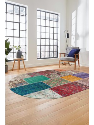 Evdeya Baskılı Kaymaz Taban Yıkanabilir Patchwork Desen Oval Yolluk Salon Halısı, O-Patchwork-01-Renkli,