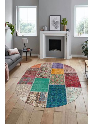 Evdeya Baskılı Kaymaz Taban Yıkanabilir Patchwork Desen Oval Yolluk Salon Halısı, O-Patchwork-01-Renkli,