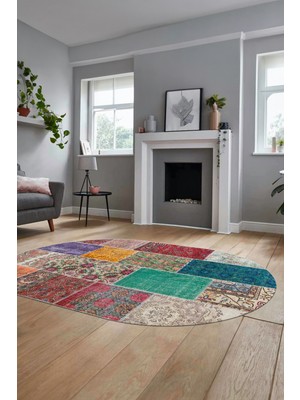 Evdeya Baskılı Kaymaz Taban Yıkanabilir Patchwork Desen Oval Yolluk Salon Halısı, O-Patchwork-01-Renkli,