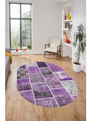 Evdeya Baskılı Kaymaz Taban Yıkanabilir Patchwork Desen Oval Yolluk Salon Halısı, O-Patchwork-04-Mor,