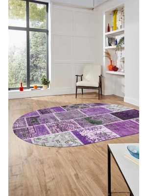 Evdeya Baskılı Kaymaz Taban Yıkanabilir Patchwork Desen Oval Yolluk Salon Halısı, O-Patchwork-04-Mor,