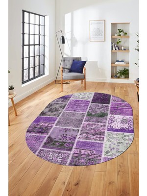 Evdeya Baskılı Kaymaz Taban Yıkanabilir Patchwork Desen Oval Yolluk Salon Halısı, O-Patchwork-04-Mor,