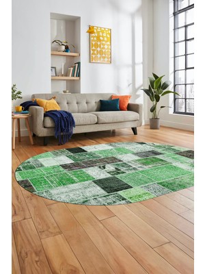 Evdeya Baskılı Kaymaz Taban Yıkanabilir Patchwork Desen Oval Yolluk Salon Halısı, O-Patchwork-03-Yeşil,