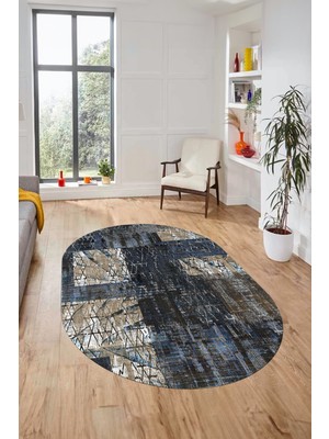 Evdeya Baskılı Kaymaz Taban Yıkanabilir Patchwork Desen Oval Yolluk Salon Halısı, O-Patchwork-05-Mavi,