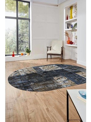 Evdeya Baskılı Kaymaz Taban Yıkanabilir Patchwork Desen Oval Yolluk Salon Halısı, O-Patchwork-05-Mavi,