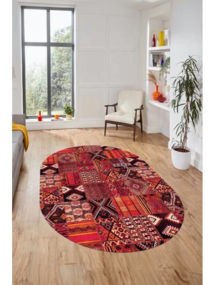Evdeya Baskılı Kaymaz Taban Yıkanabilir Patchwork Desen Oval Yolluk Salon Halısı, O-Patchwork-06-Kırmızı,